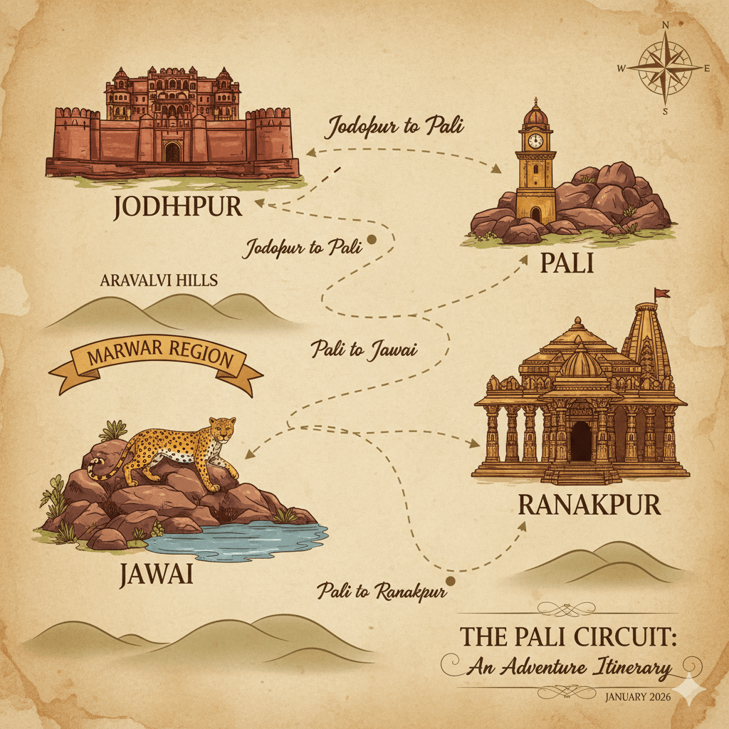 AI-generated image: Artistic map of the Pali travel circuit showing major sightseeing stops.