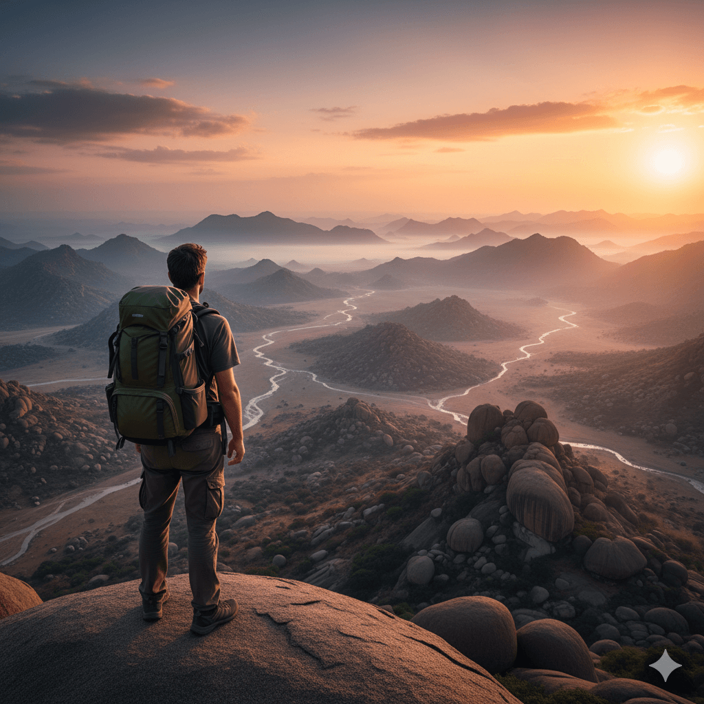 AI-generated image: A solo traveler standing on a cliff overlooking the scenic Pali district valley. Pali Rajasthan Travel Guide