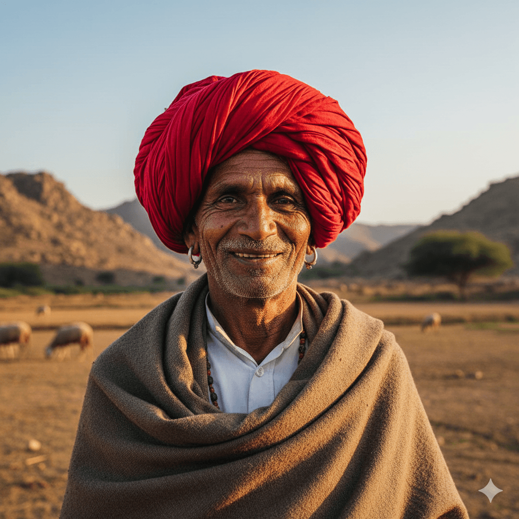 AI-generated image: Portrait of a Rabari tribe member in traditional attire and red turban, Pali. Pali Rajasthan Travel Guide