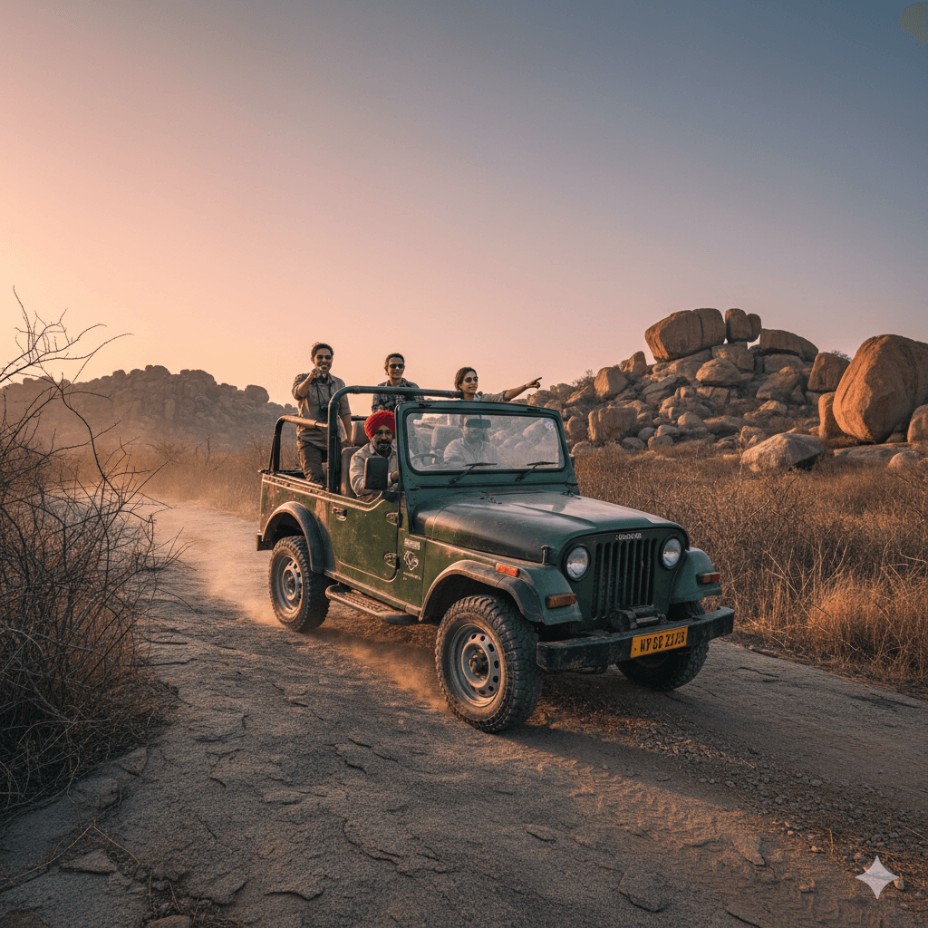 AI-generated image: A 4x4 safari Jeep climbing the rugged granite hills of Jawai for a leopard trek.