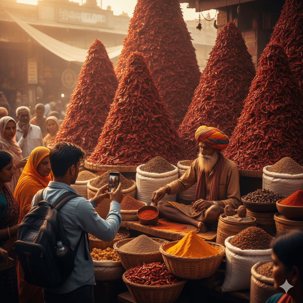 AI-generated market scene featuring famous Nagauri red chillies.