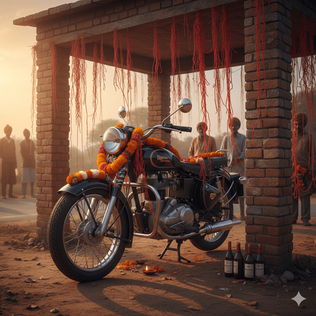 AI-generated image: The sacred Om Banna Bullet Bike shrine decorated with ceremonial garlands.