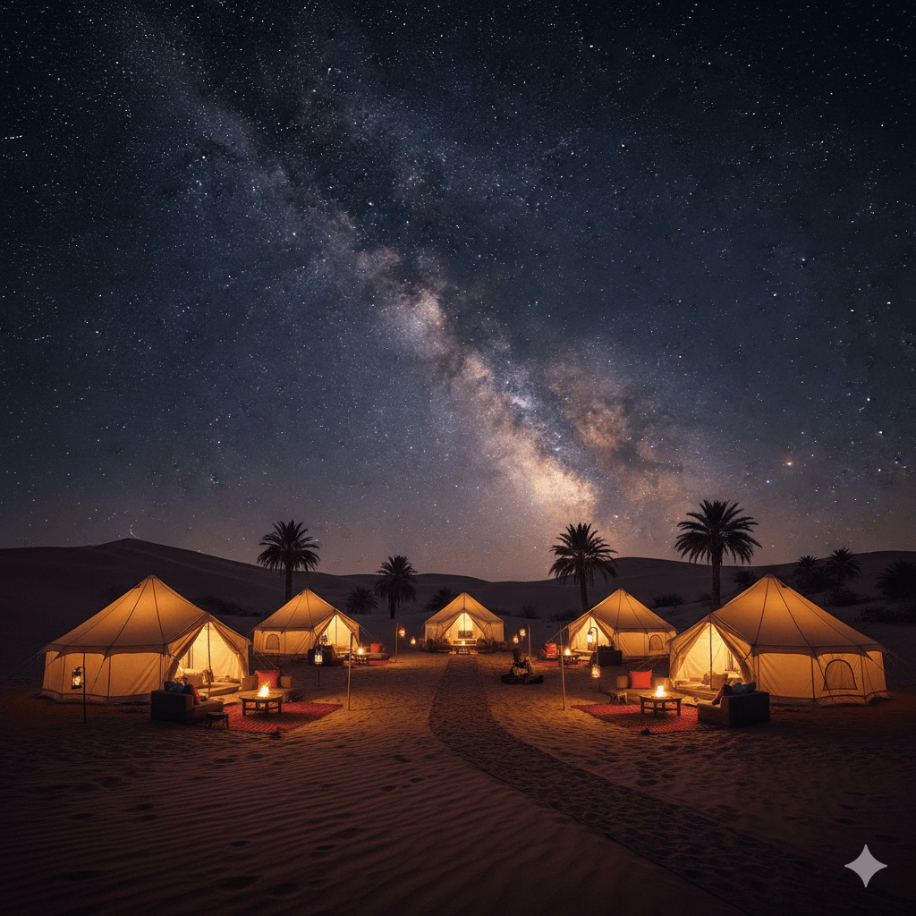 AI-generated luxury desert camp in Nagaur under a starry night sky.