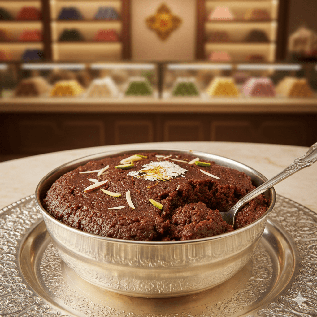 AI-generated image: Traditional Pali Gulab Halwa dessert served in a copper bowl. Pali Rajasthan Travel Guide