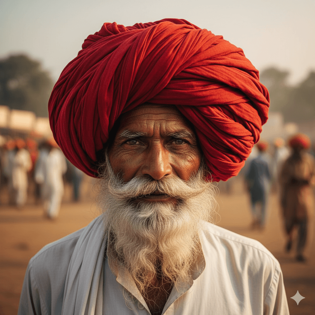 AI-generated portrait of a Rajasthani man in traditional attire at Nagaur Fair.