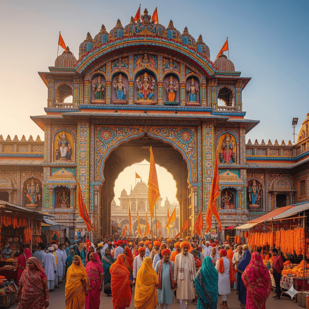 AI-generated: The vibrant, colorful entrance of the Ramdevra Temple with pilgrims carrying traditional flags.
