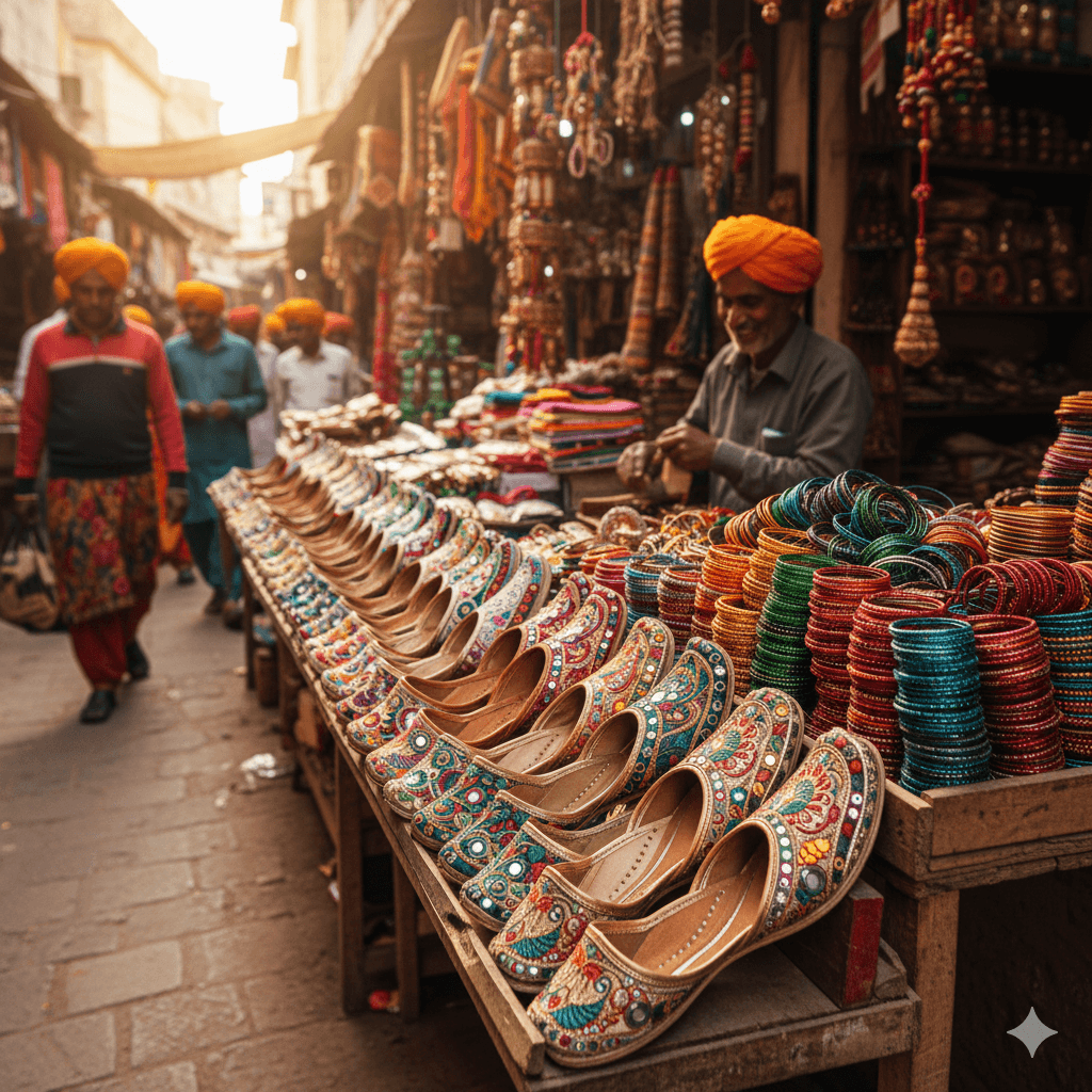 AI-generated: A colorful display of traditional leather jootis and lacquer bangles in a narrow Phalodi market lane. Phalodi Rajasthan travel guide