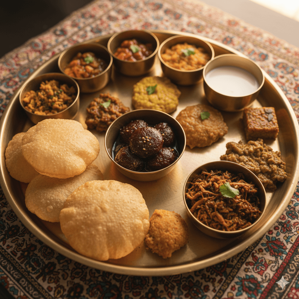 AI-generated: A steaming plate of Ker Sangri and caramelized Gulab Halwa served in traditional brass utensils.