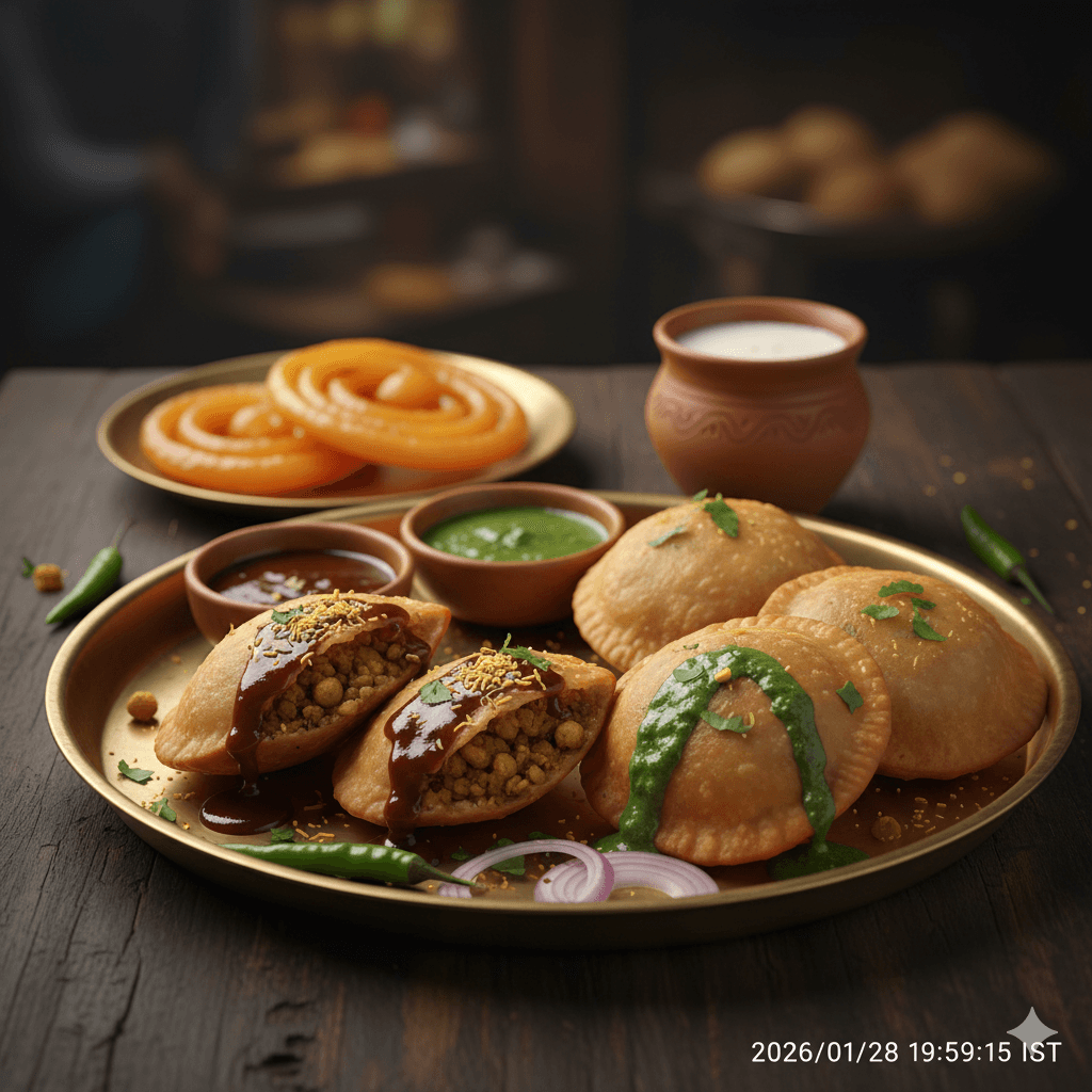 AI-generated platter of spicy Kota Kachori served with tamarind chutney and a glass of hot milk jalebi.