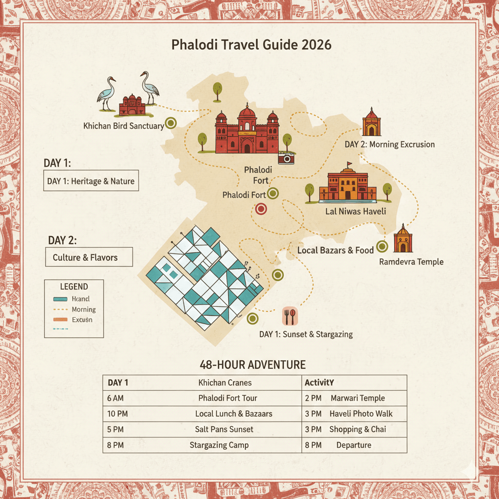 AI-generated: A creative travel map showing a 2-day pulse itinerary through Phalodi, Khichan, and the salt pans. Phalodi Rajasthan travel guide
