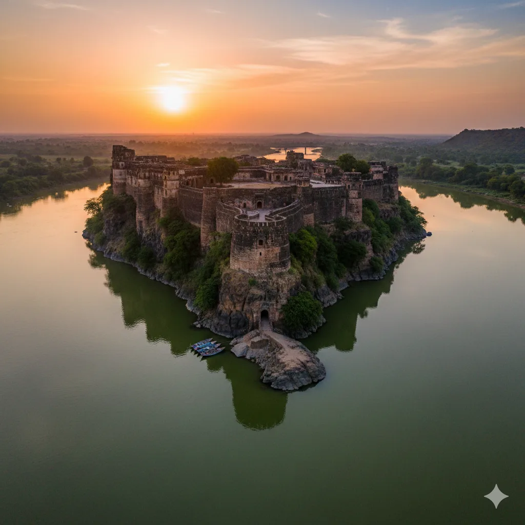 AI-generated conceptual visualization of UNESCO World Heritage Gagron Fort Jhalawar Rajasthan at river confluence