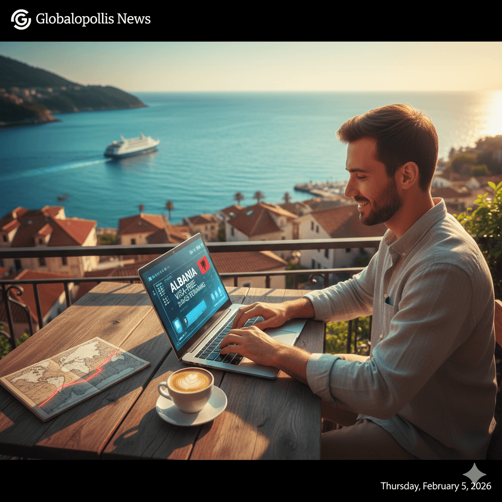 An AI-generated conceptual hero image of a digital nomad working on a laptop from a balcony overlooking the Sarandë coastline in Albania. The scene features the turquoise Ionian Sea and red-tiled Mediterranean rooftops, illustrating the 1-year visa-free lifestyle for US citizens in 2026.