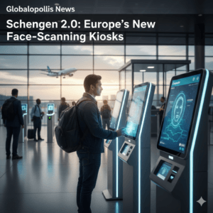 An AI-generated conceptual visualization of a modern European airport terminal featuring advanced biometric face-scanning kiosks for the Schengen Entry/Exit System (EES). A traveler is shown interacting with a digital security screen with an airplane visible through the window in the background.