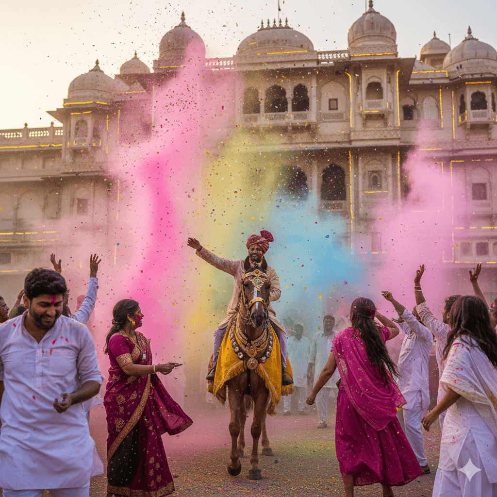 Royal Holi festival celebrations 2026 at the best honeymoon resorts in Udaipur. (AI-generated image)