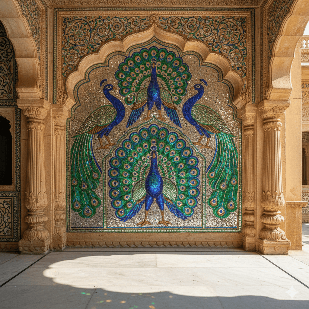 Intricate peacock glass mosaics at Udaipur City Palace near luxury lakefront stays. (AI-generated image)