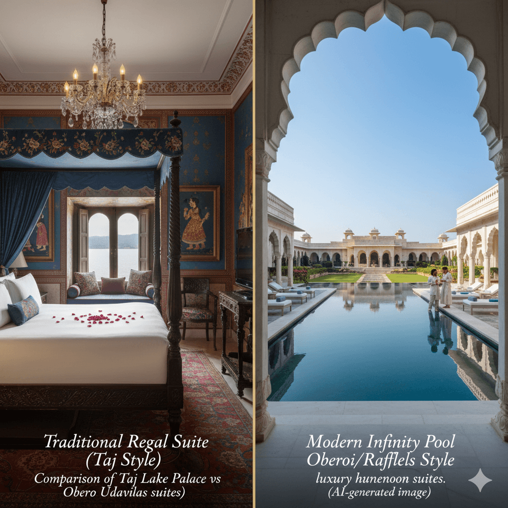 Comparison of Taj Lake Palace vs Oberoi Udaivilas luxury honeymoon suites. (AI-generated image)