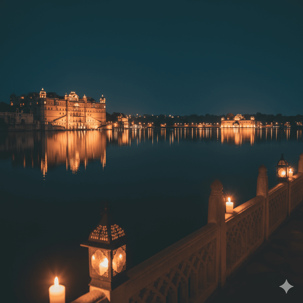 Illuminated night view of Lake Pichola palaces and Udaipur private island resorts. (AI-generated image)