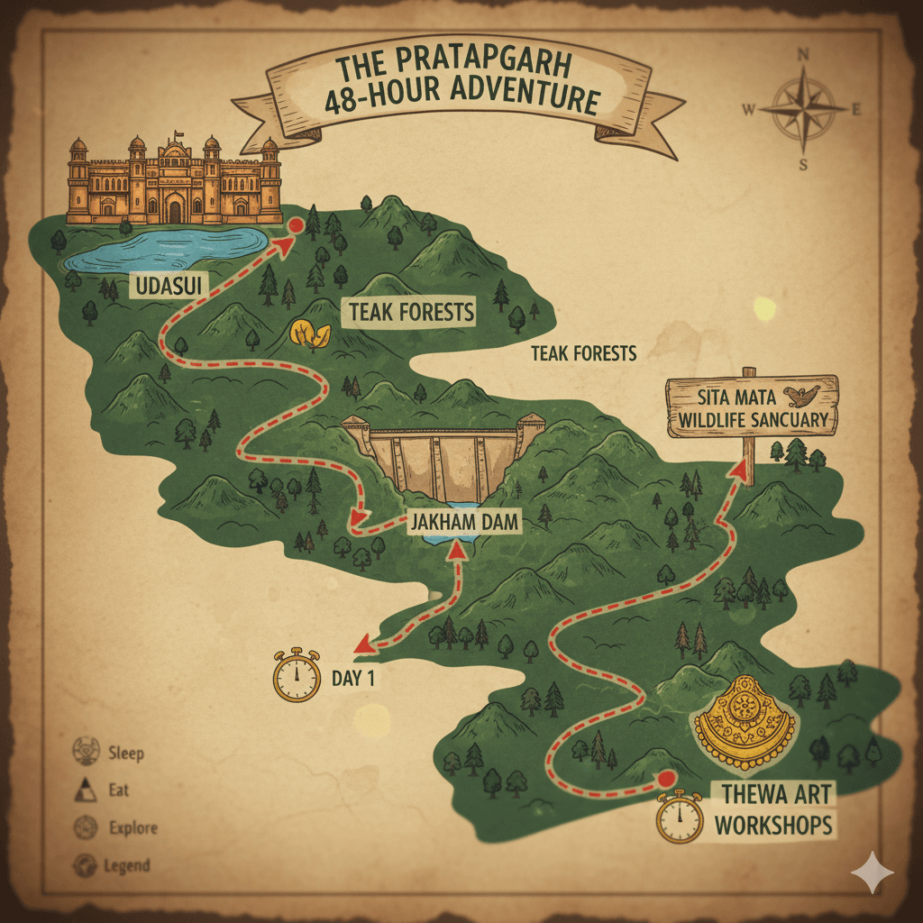 AI-generated stylized travel map of Pratapgarh district.