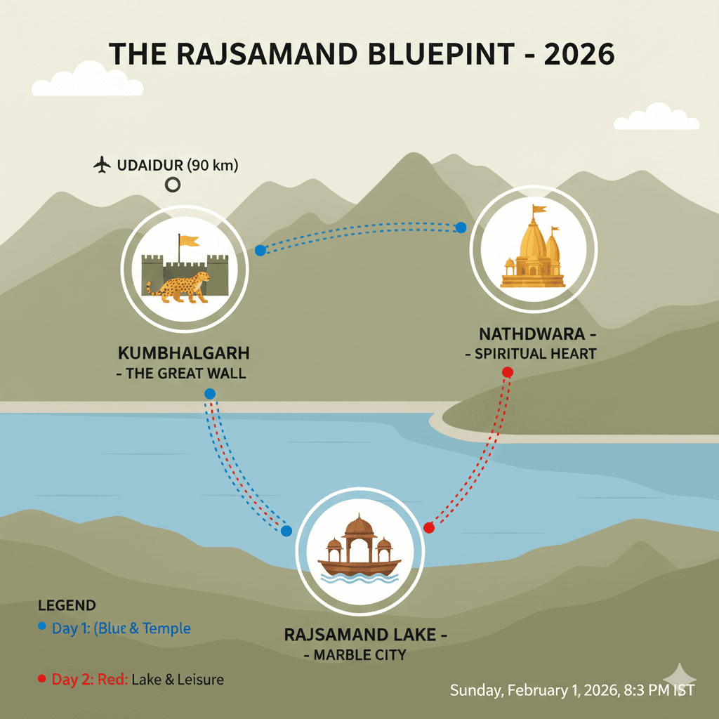 AI generated travel map of a 48-hour itinerary for visiting Rajsamand and Kumbhalgarh.