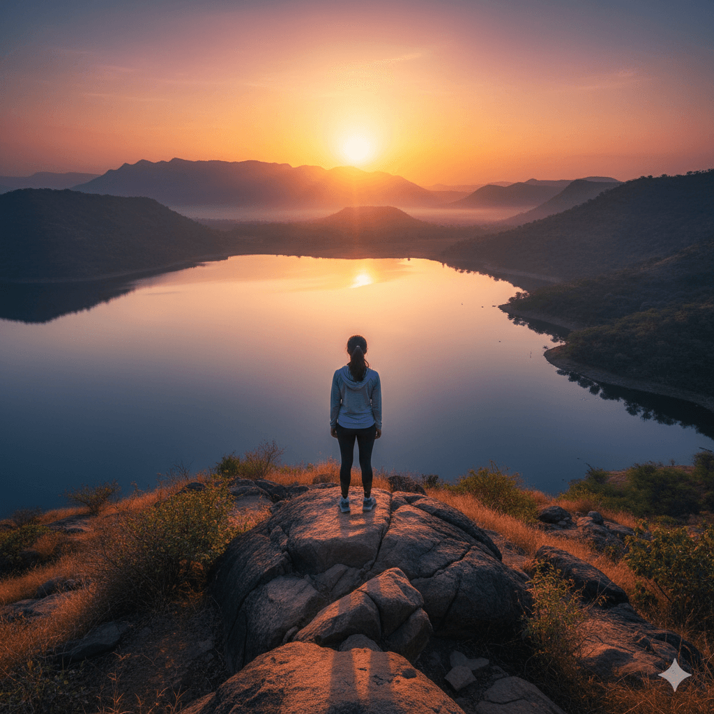 Sunrise view from Bahubali Hills overlooking Badi Lake hidden gems in Udaipur. (AI-generated image)