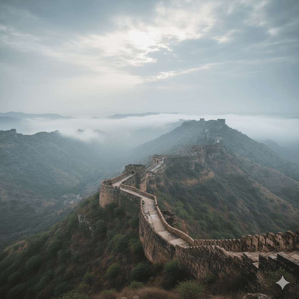 The Great Wall of India at Kumbhalgarh Fort, a top day trip from Udaipur resorts. (AI-generated image)