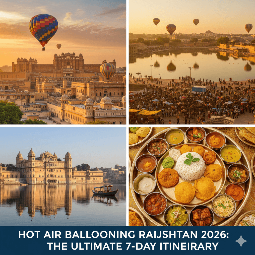 AI-generated image: 7-day travel itinerary collage for hot air ballooning Rajasthan 2026 and cultural sightseeing.