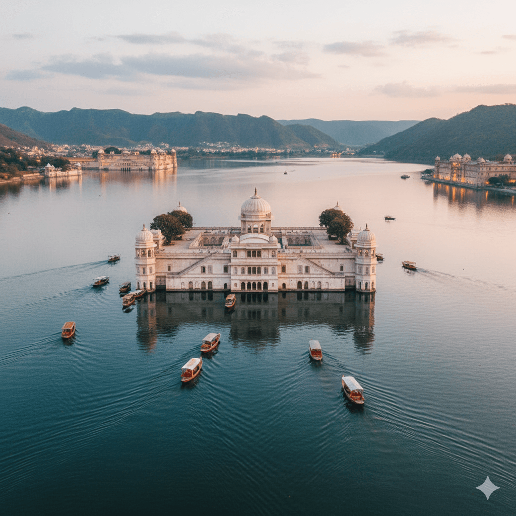 Aerial view of Taj Lake Palace, one of the best honeymoon resorts in Udaipur. (AI-generated image)