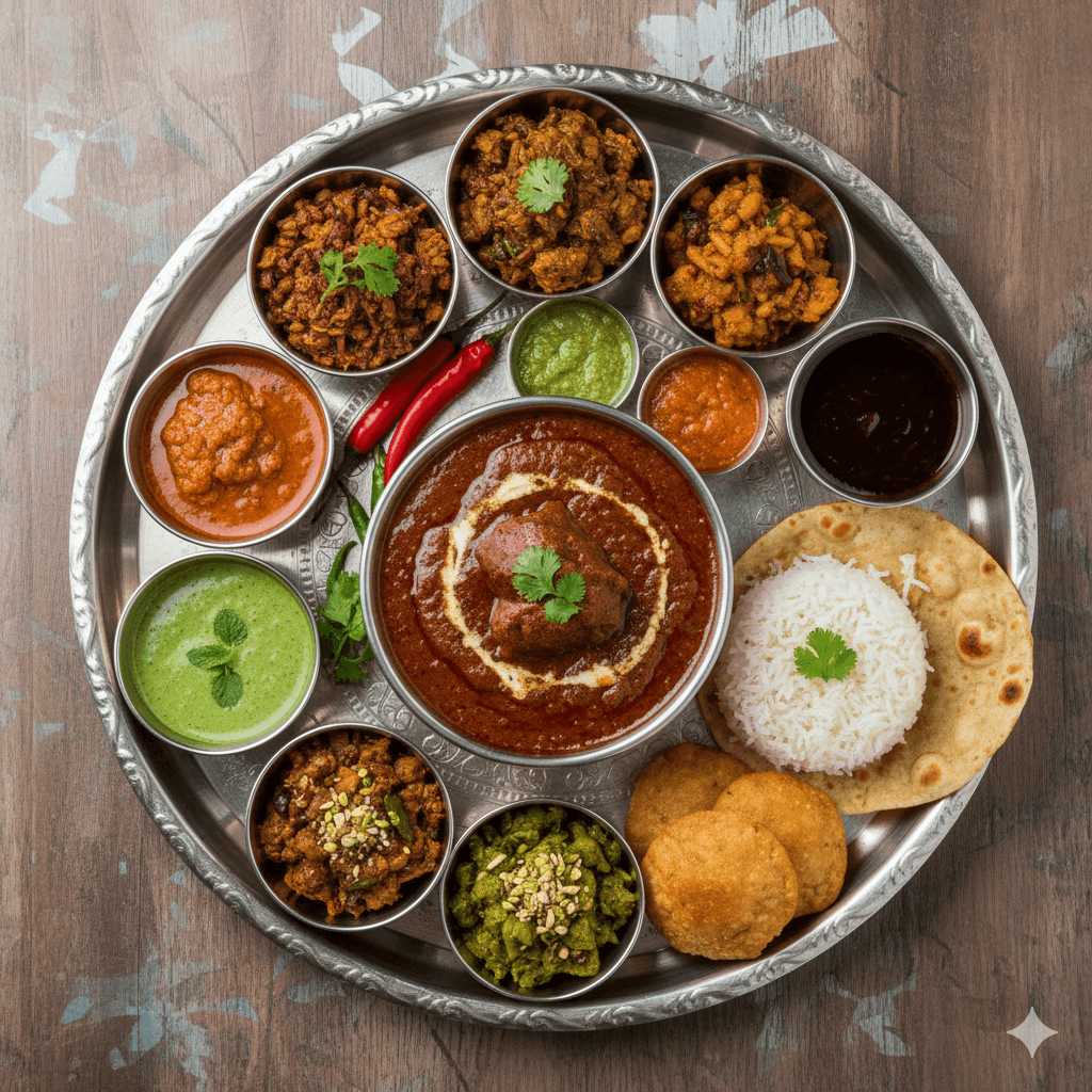 Traditional Rajasthani Thali and Laal Maas near best butler service hotels India. (AI-generated image)