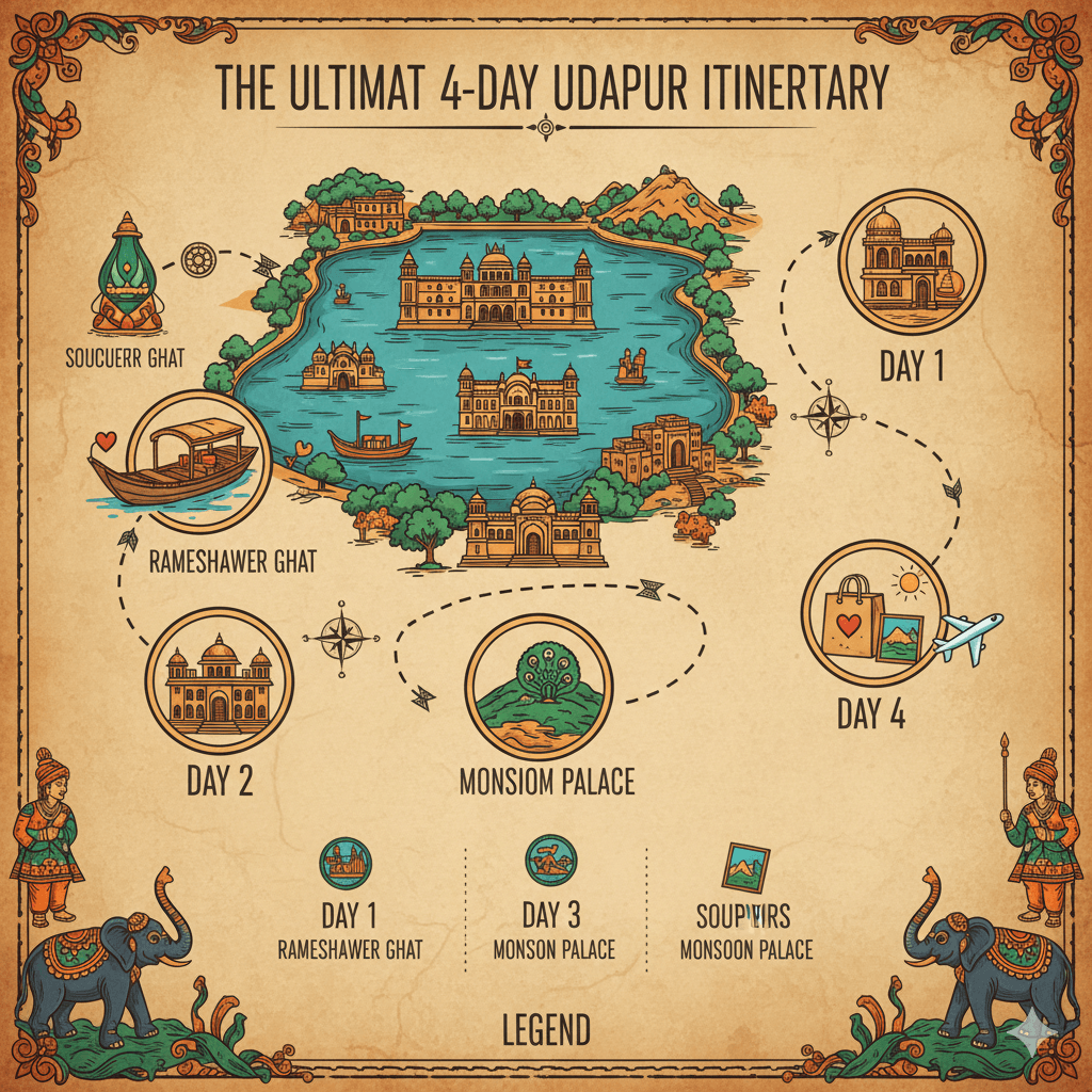 4-day itinerary map for couples visiting the best honeymoon resorts in Udaipur. (AI-generated image)
