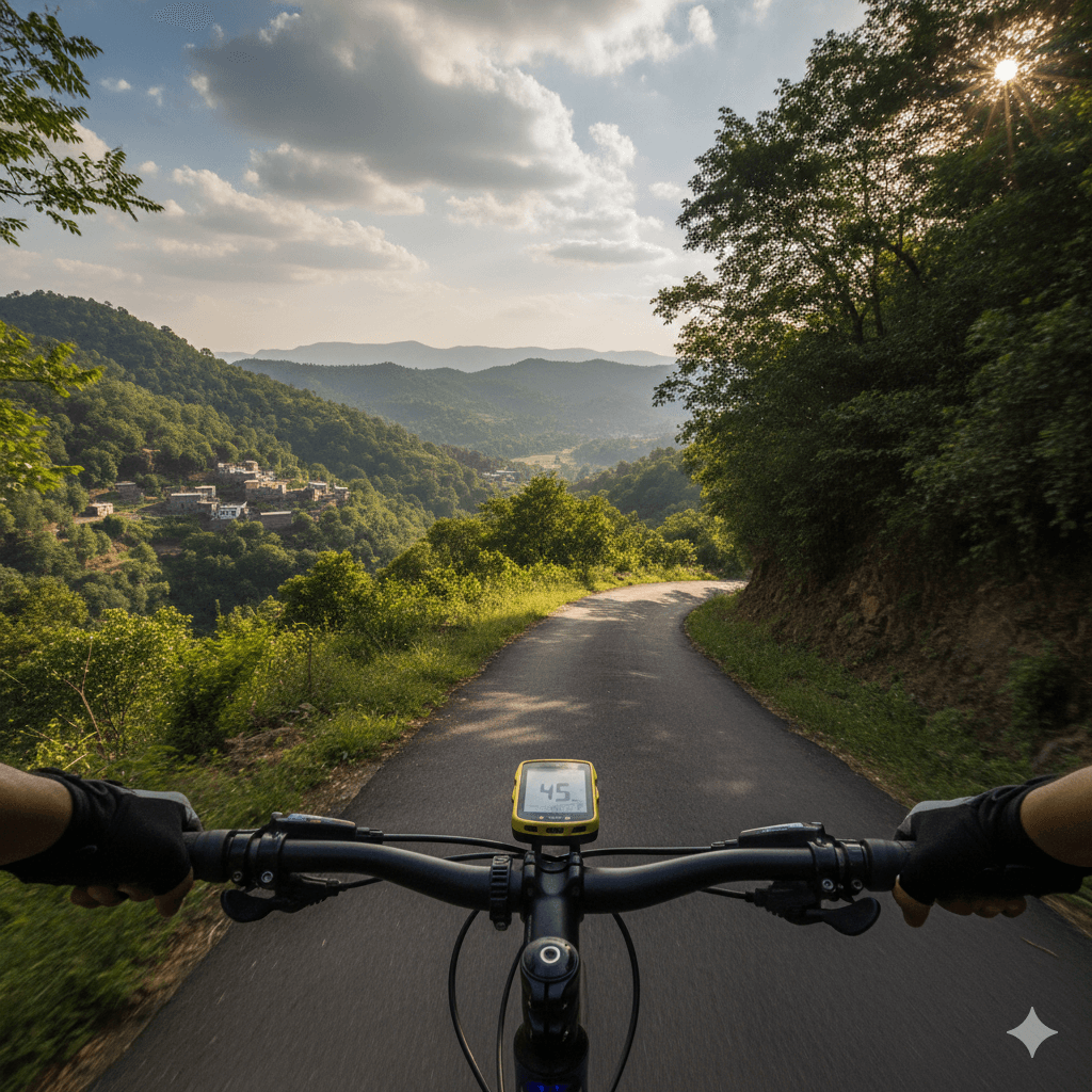 AI-generated image of adventure cycling in the Aravalli hills, Rajasthan.