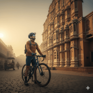 AI-generated image of a cyclist starting the Cycle Rajasthan 7-Day Route in Jaipur.