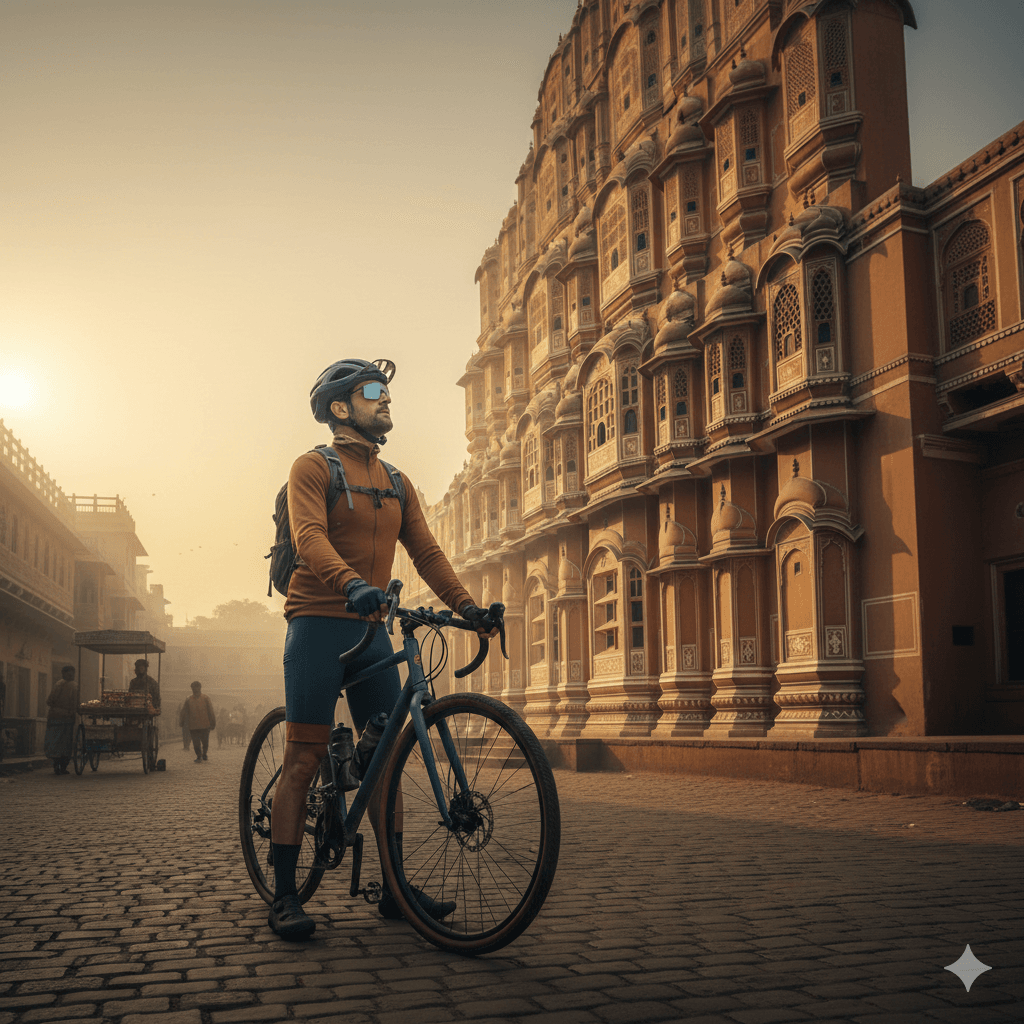 AI-generated image of a cyclist starting the Cycle Rajasthan 7-Day Route in Jaipur.