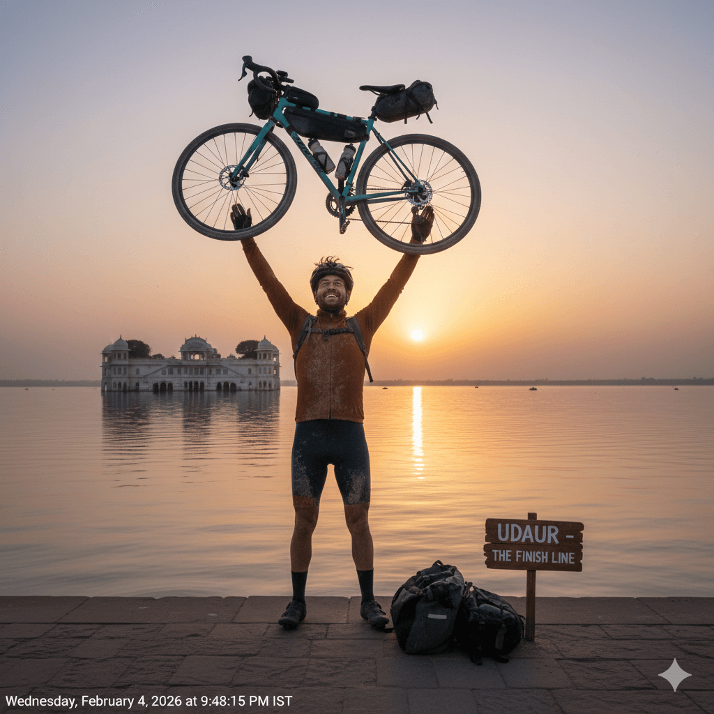 AI-generated image of the finish line of a Cycle Rajasthan 7-Day Route in Udaipur. Cycle Rajasthan 7-Day Route