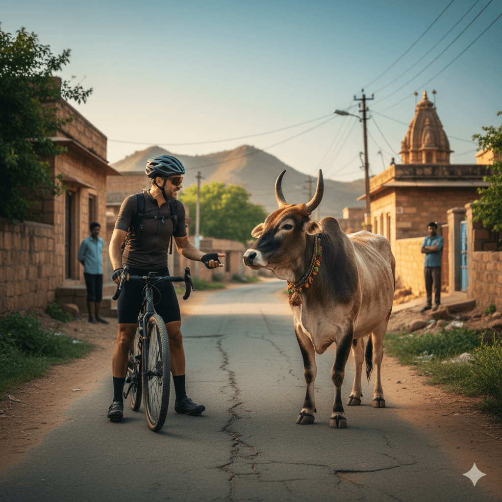 AI-generated image showing road safety and local life in Rajasthan. Cycle Rajasthan 7-Day Route