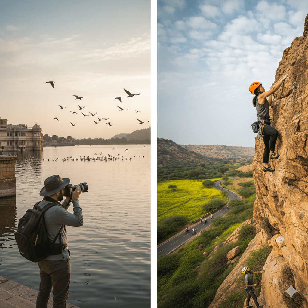 AI-generated image showing diverse activities on a Rajasthan bike tour.
