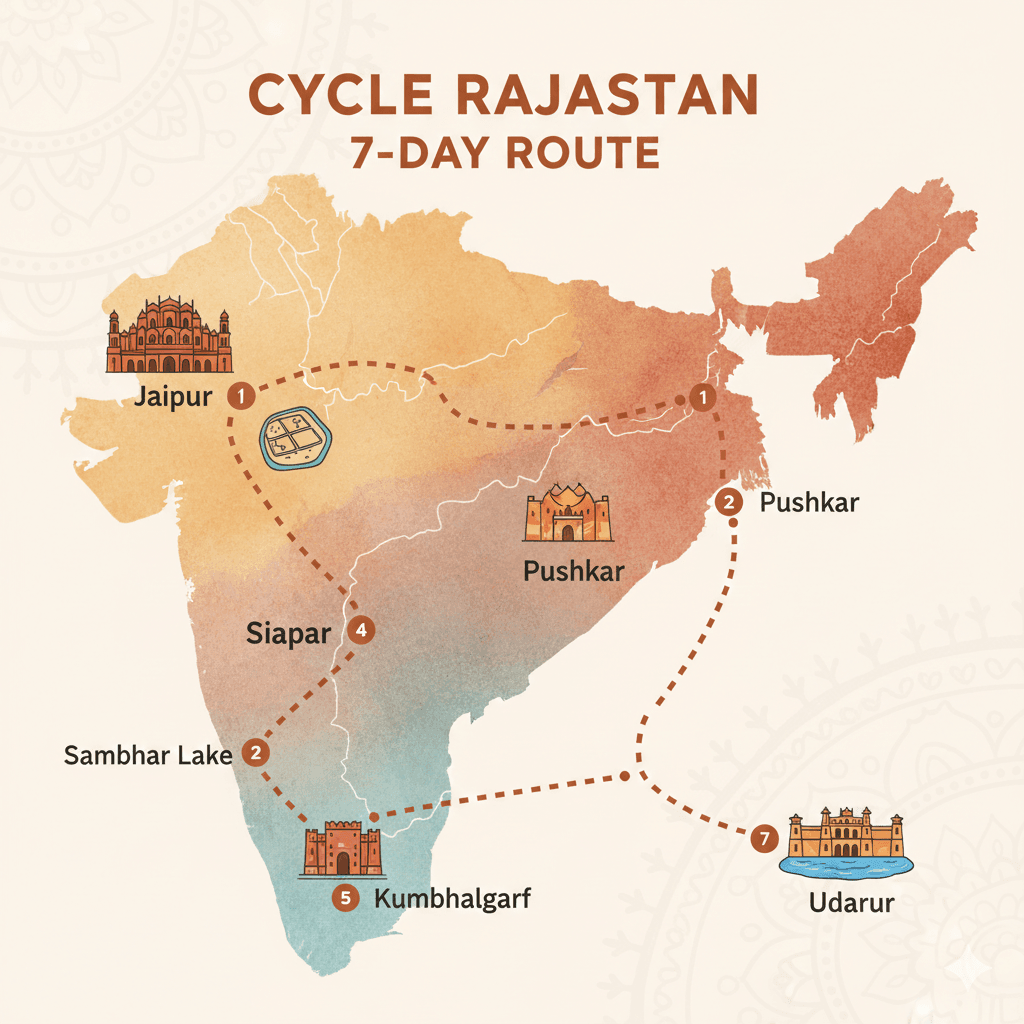 AI-generated map of the Cycle Rajasthan 7-Day Route itinerary. Cycle Rajasthan 7-Day Route
