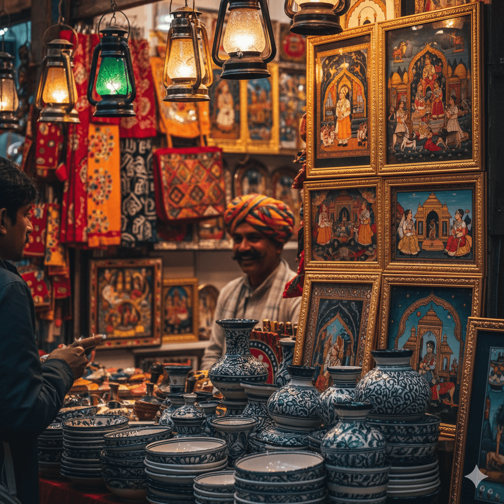 AI-generated image of lightweight Rajasthani souvenirs for travelers. Cycle Rajasthan 7-Day Route