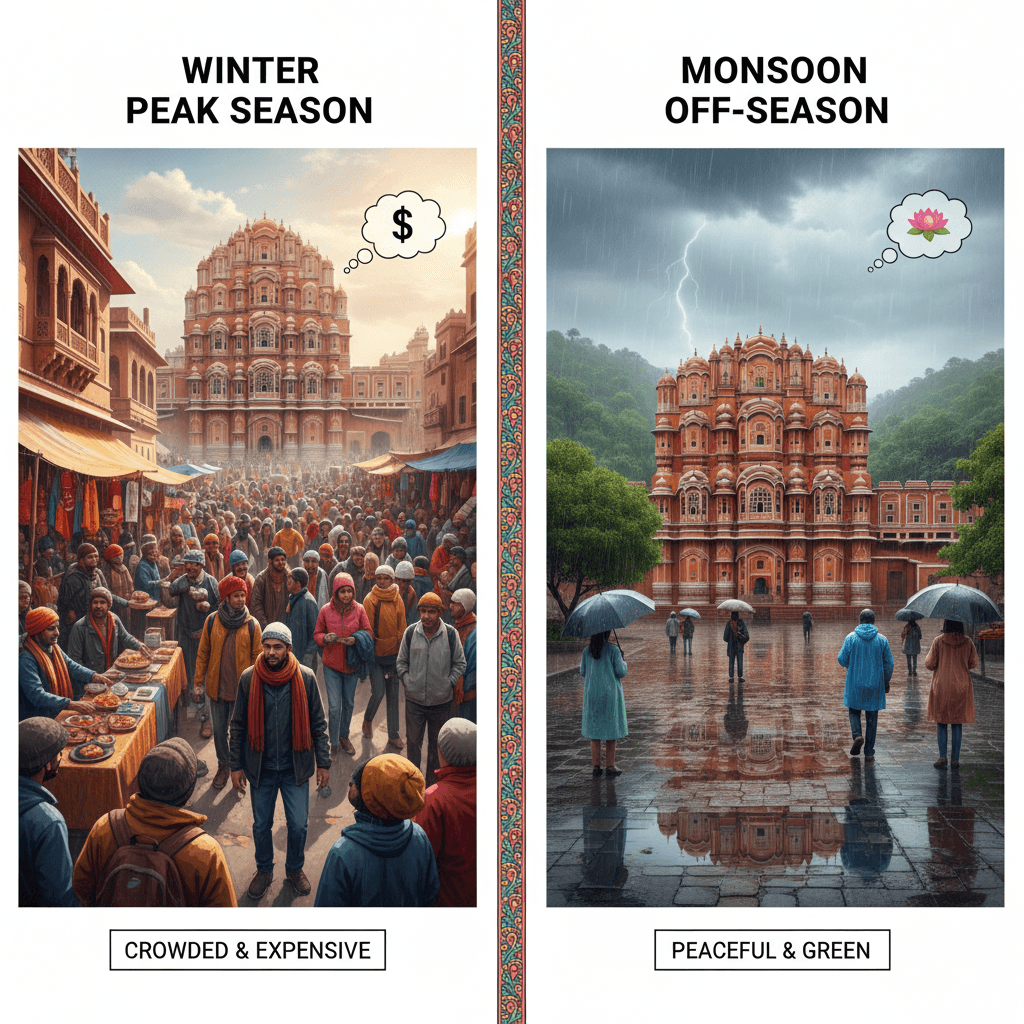 "Visual comparison of crowded winter tourism vs serene Rajasthan off-season travel in monsoon; AI-generated infographic."