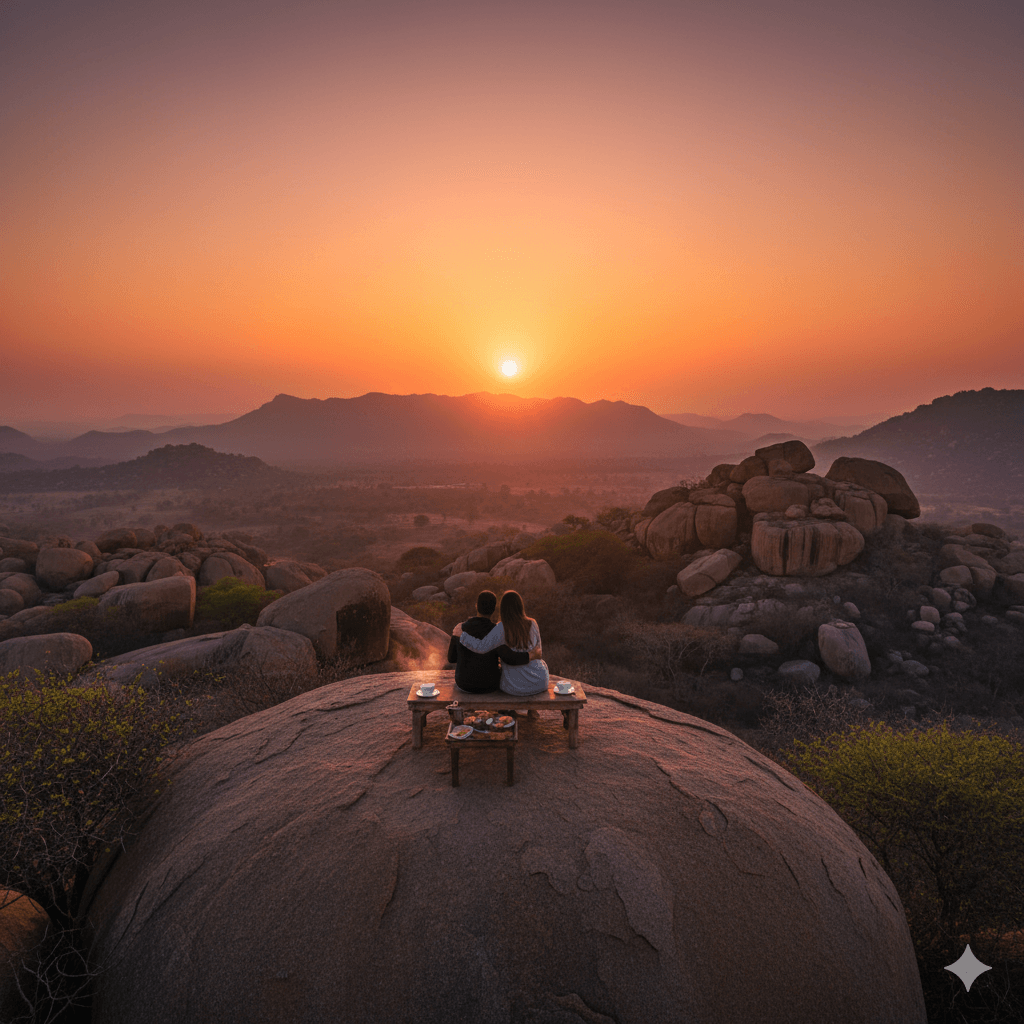 ai generated image: Couple enjoying a romantic hilltop sundowner with Aravalli sunset, illustrating diverse experiences during a Jawai Leopard Safari 2026