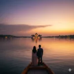Couple on a sunset boat ride toward the best honeymoon resorts in Udaipur. (AI-generated image)