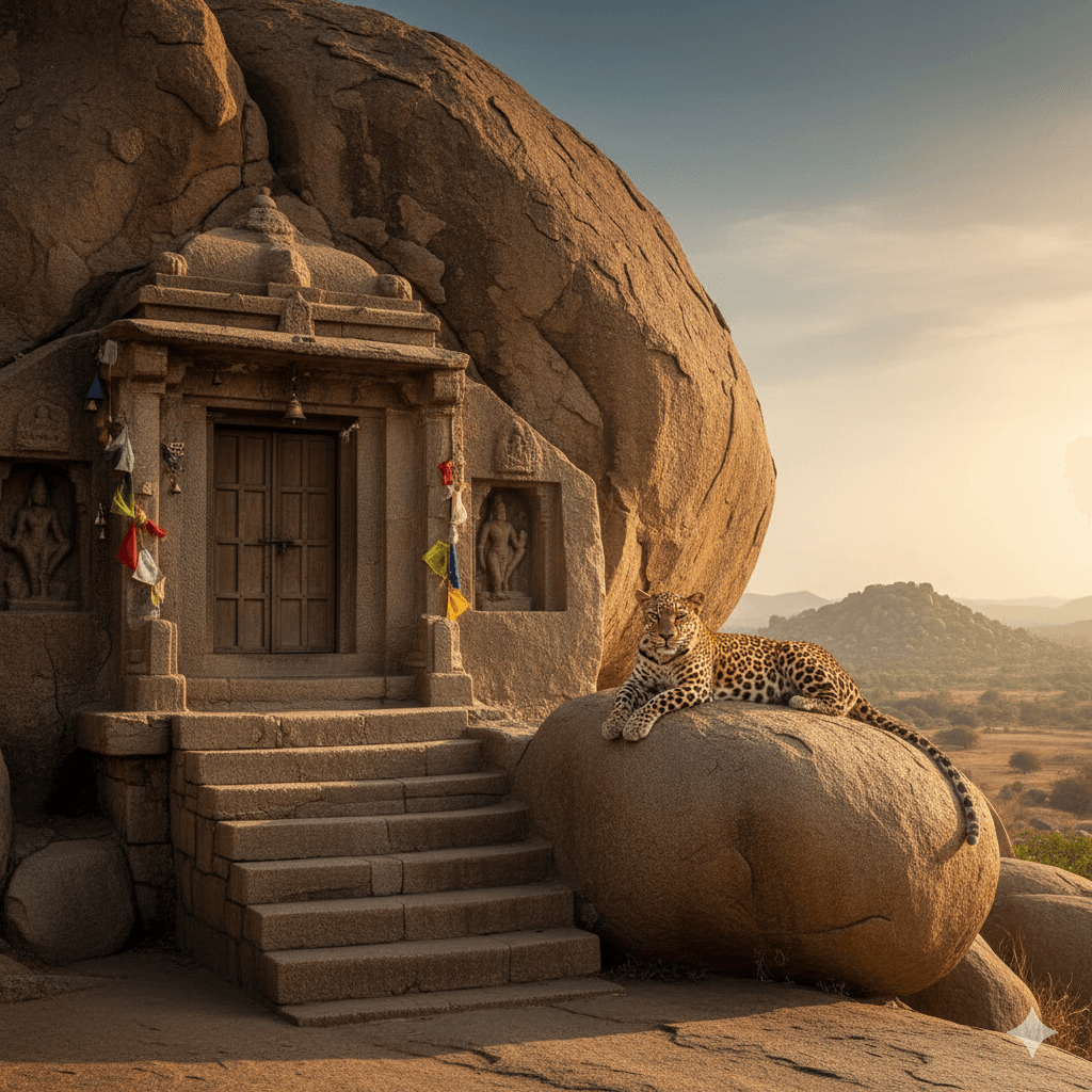 ai generated image: Dev Giri Cave Temple entrance, with a leopard on the steps, symbolizing the spiritual aspect of a experience