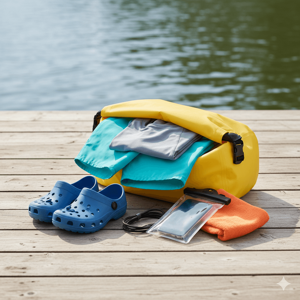ai generated image of a waterproof dry bag filled with quick-dry clothes and rubber sandals, detailing trip essentials