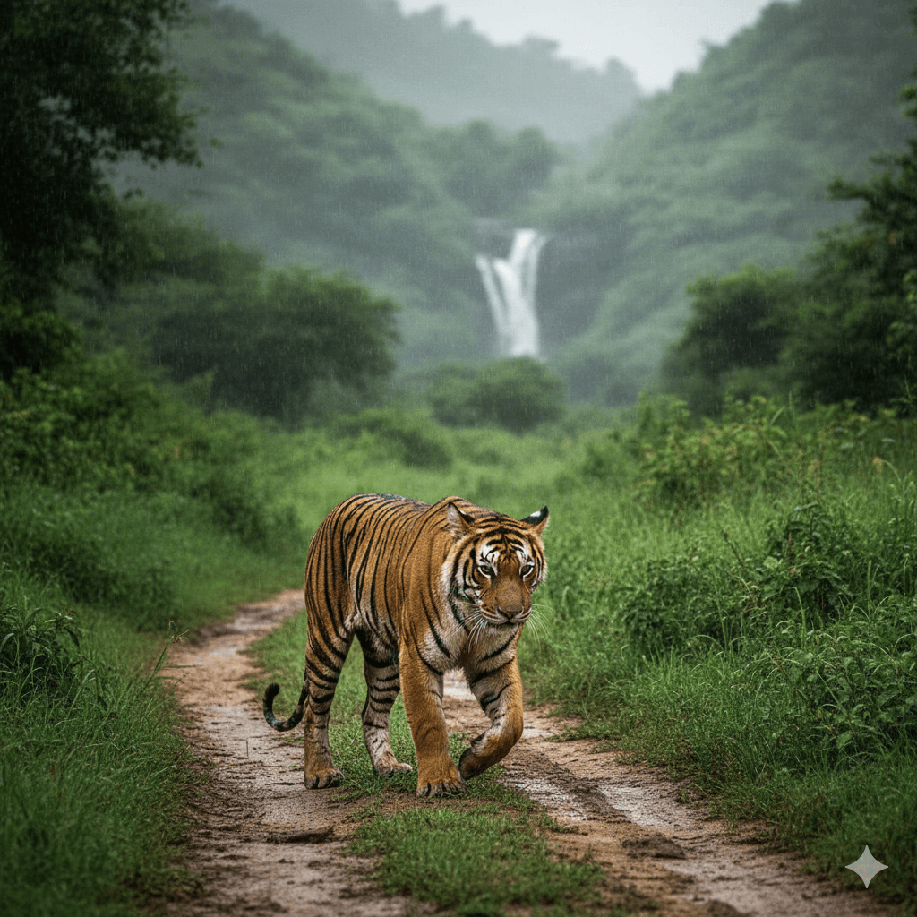 "Majestic tiger walking through the lush green buffer zone of Ranthambore in monsoon; AI-generated."