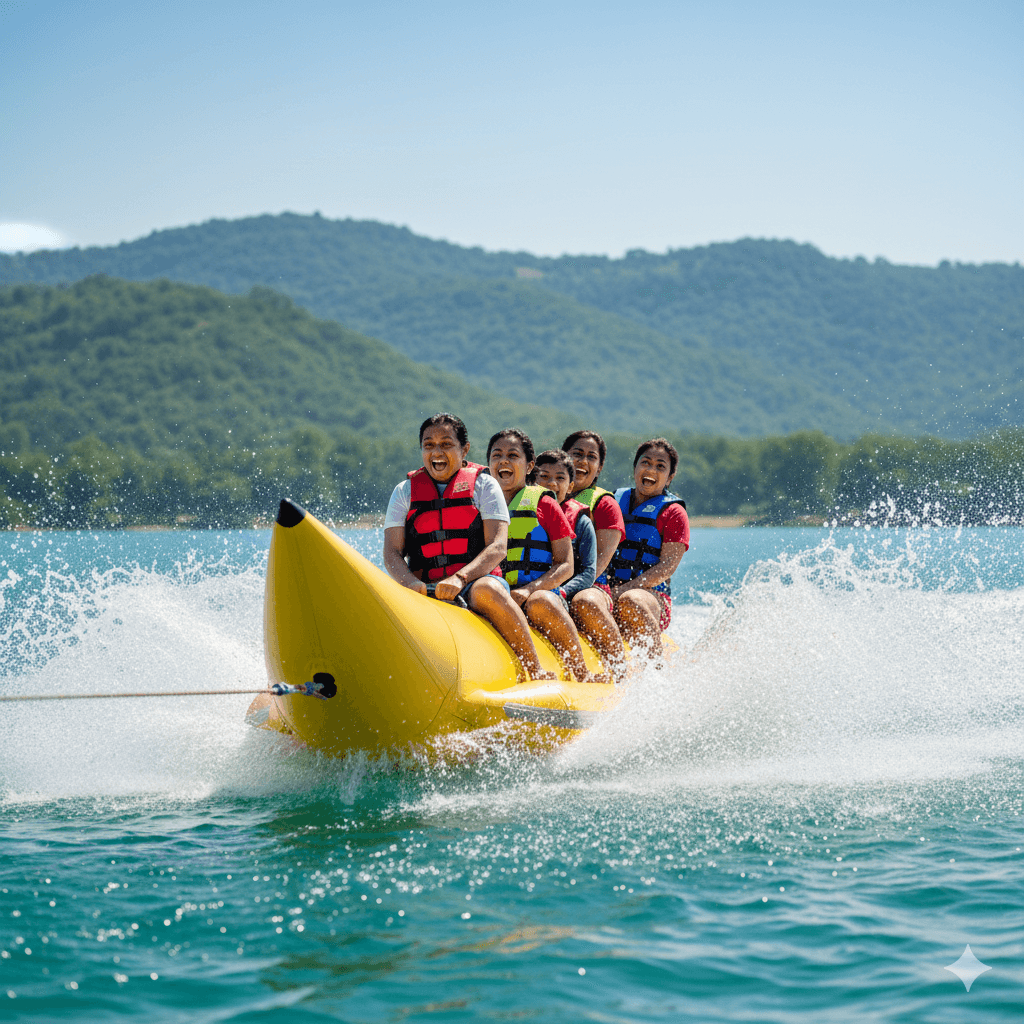 ai generated image of a happy family riding a banana boat on a sunny lake, enjoying family-friendly water sports in Rajasthan