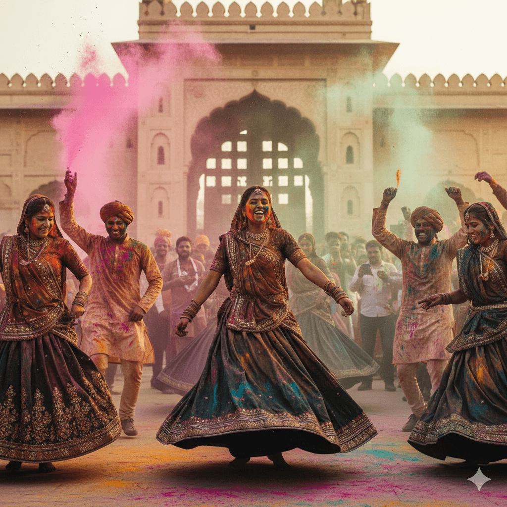 AI generated image of traditional Rajasthani folk dancers celebrating a festival in Sawai Madhopur.