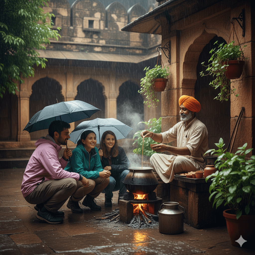 "Friendly local man serving hot tea at a heritage site during Rajasthan off-season travel; AI-generated." Rajasthan Off-Season Travel