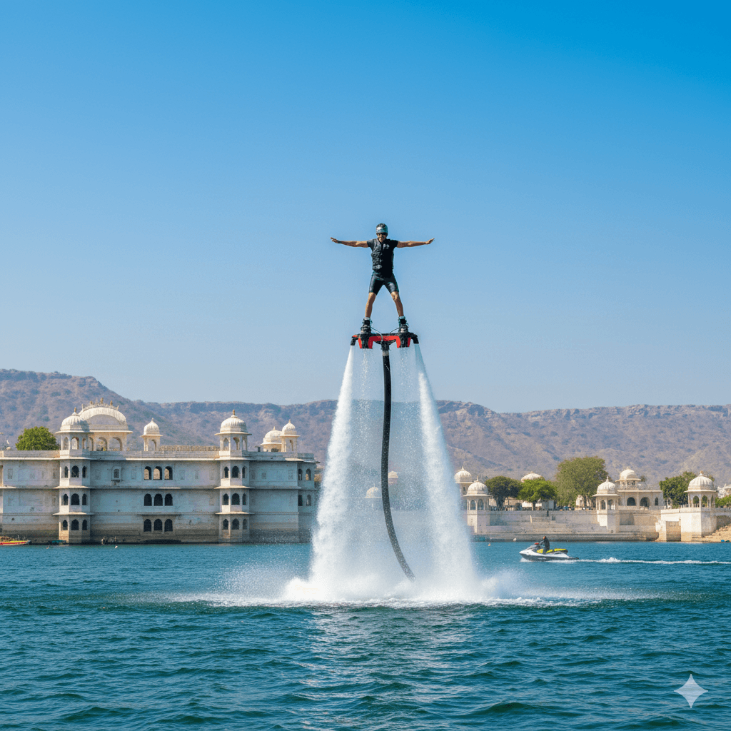 ai generated image of a person flyboarding high above Rajsamand Lake, with water jets propelling them upwards, showcasing extreme water sports in Rajasthan