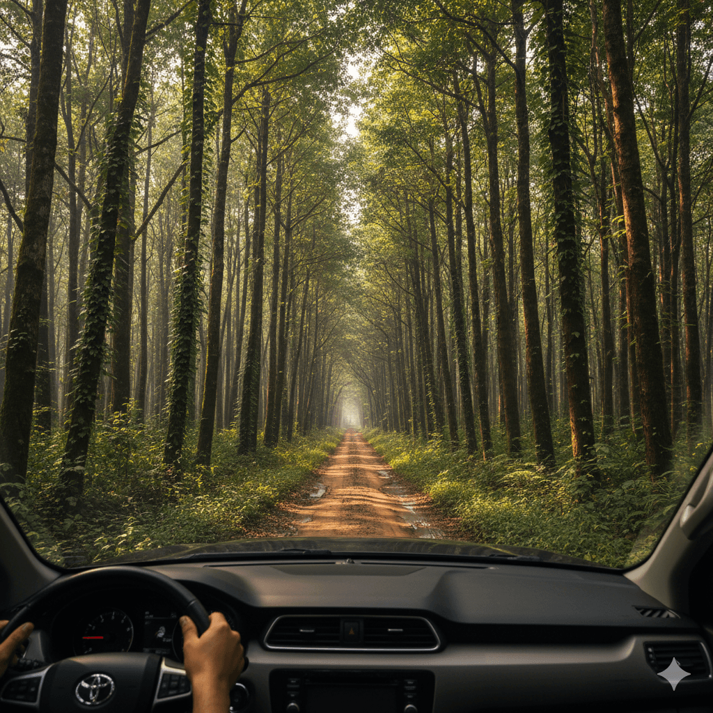 AI-generated POV shot of a road through teak forests. Pratapgarh Rajasthan Travel Guide