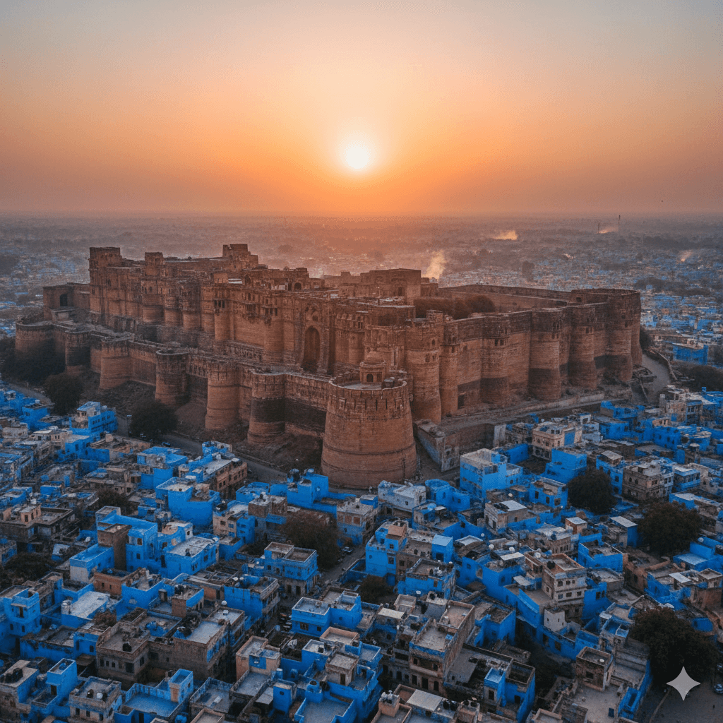 AI-generated image: Cinematic morning view of Mehrangarh Fort, a must-see historical place near the best budget hostels in Rajasthan.