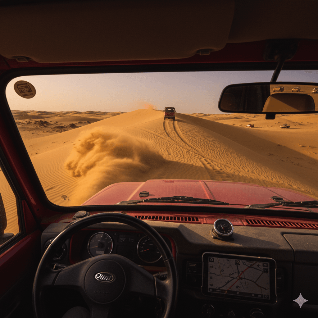 AI-generated image: First-person view from inside a 4x4 desert safari in Jaisalmer descending a steep sand dune.